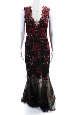 #ad Marchesa Notte Women#x27;s Sheer Trim Embroidered Floral Maxi Dress Black Size 6 $233.99