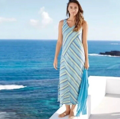 #ad J Jill Linen Maxi Dress Striped Sleeveless Size MP V Neck Petite Blue Green $33.99