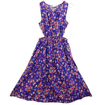 #ad Beach Lunch Lounge Sundress Womens Small Blue Floral Side Cutout Fit Flare Midi $13.79
