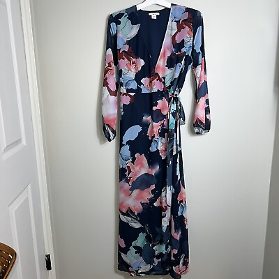#ad Bar III Maxi Length Wrap Dress Semi Sheer Sleeves Blue Floral Medium $29.73
