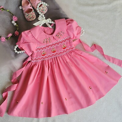 #ad Sweet Pink Smocked Embroidered Baby Girl Dress. Toddler Girls Birthday Dress. $38.99