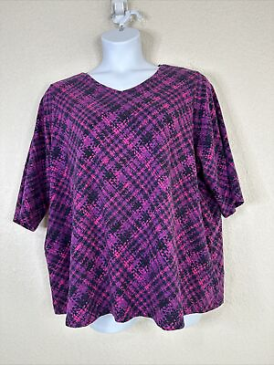 #ad Catherines V neck T shirt Purple Plaid 3 4 Sleeve Womens Plus Petite Size 2XWP $15.19