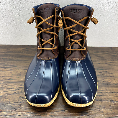 #ad Sperry Womens Boots Size 11 Duck Waterproof Navy Blue And Brown Leather Ankle $22.41