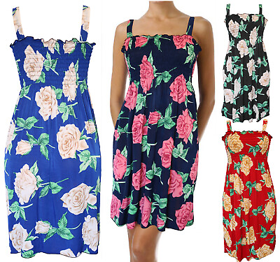 #ad #ad Summer Sundress for Women Big Roses Beach Cover Up Sleeveless Smocked Dress $12.95