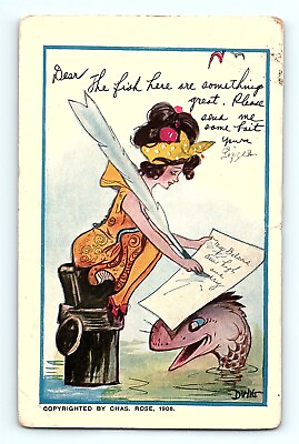 #ad 1912 Vintage Postcard Dear The Fish Here Are Great Woman Writes Letter to Lover $9.90