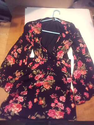 #ad Forever 21 Dress Womens MEDIUM Pink Floral Stretch Fit amp; Flare Long Sleeve Wrap $11.00