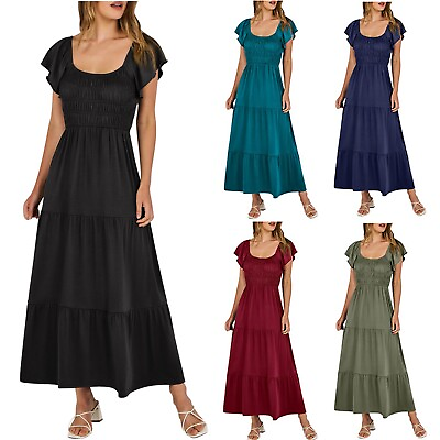 #ad Women Summer Boho Dress Short Sleeve Round Neck Ruffle A Line Flowy Beach Dress $33.15