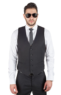 #ad Men#x27;s Black Dress Suit Vest 5 Button V Neck Adjustable Back Strap Formal AZAR $28.95
