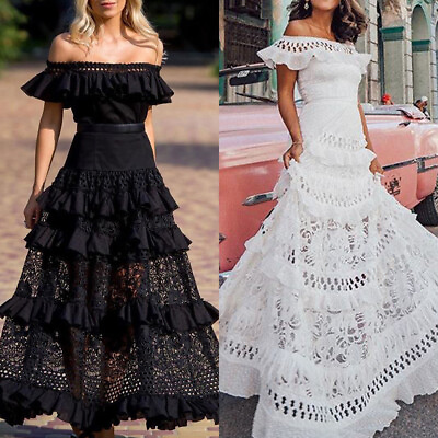 #ad Womens Solid Boho Lace Maxi Dress Holiday Beach Off Shoulder Long Swing Sundress $36.95