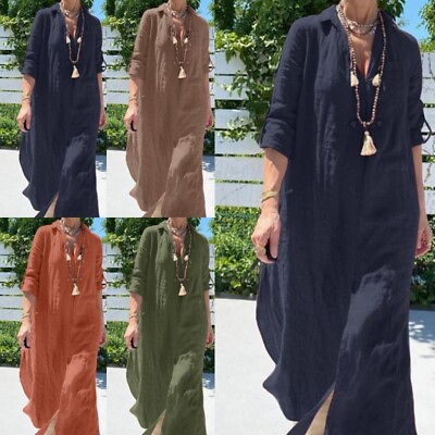 #ad Women Shirt Dresses Long Sleeve Maxi Dress Casual V Neck Ladies Daily Wear Loose $31.12