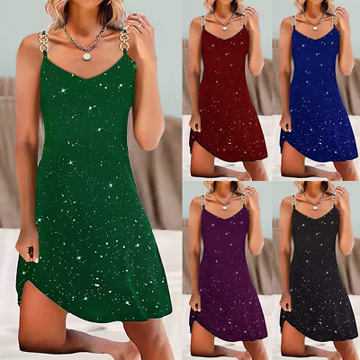 #ad Womens Summer Bling Party Mini Dress Sleeveless Plus Size Strappy Dresses Sexy $4.54