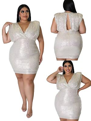 #ad Stylish Plus Size Women V Neck Sleeveless Open Back Sequin Club Party Dress $34.94