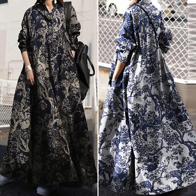 US STOCK Women#x27;s Floral Print Vintage Kaftan Casual Loose Long Maxi Shirt Dress $26.59
