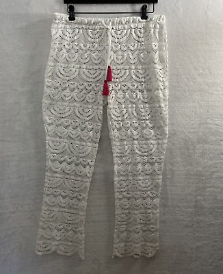 #ad #ad Miken Sheer Cover Up Pants Womans Large Geometric White Pull On Drawstring Mesh $6.75