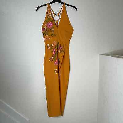 #ad Asos NWT Halter Embroidered Floral Wrap Maxi Dress Tall Size 4 Orange with Ring $39.99