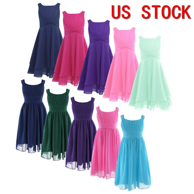 #ad US Kids Flower Girls Dresses Ruched at Waist Pleated Sundress Pageant Party Gown $18.20