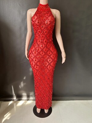 #ad Sexy Stage Shining Rhinestone Sequins Dress Prom Birthday Dress Transparent $100.31