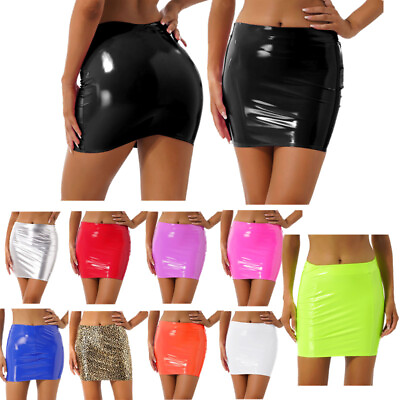 Womens Stretchy Faux Leather Skirt Low Waist Sexy Wet Look Bodycon Pencil Skirts $11.43