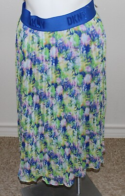 #ad DKNY Womens Floral Printed Pull On Midi Pleated Skirt Logo Waist Band Blue S $36.00