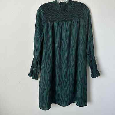 #ad THML Dark Green Zebra High Neck Long Sleeve Boho Dress NWT Sz XS B DD $79.00