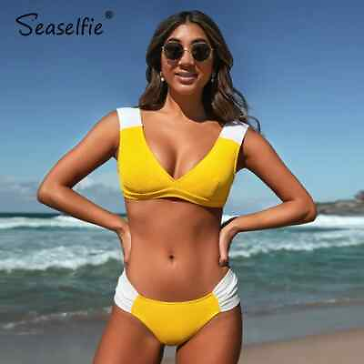 #ad CUPSHE Yellow White Ruched Sexy Bikini Sets LARGE Size Trendy Two Piece Delight $13.50