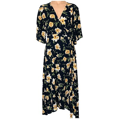 #ad LABEL OF LOVE Wrap Maxi Dress Navy Blue Yellow Floral Flutter Sleeves Size S AU $39.95