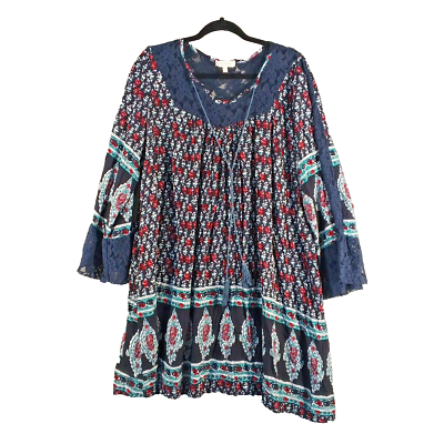 #ad VELZERA Mini Boho Dress 2XL 20 22 Lace Floral Tassel Tie Woven Relaxed Fit $29.40