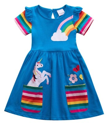 NWT Unicorn Rainbow Girls Blue Short Sleeve Pocket Dress $13.99