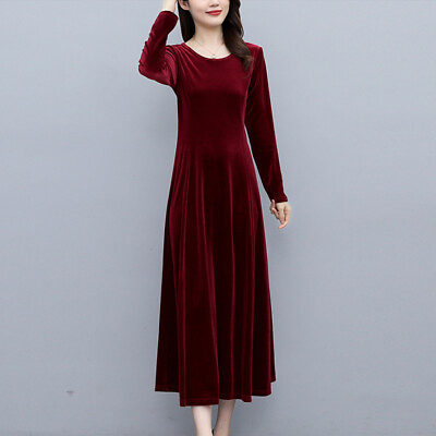 #ad Lady Cocktail Velvet Maxi Dress Long Sleeve Round Neck Swing Evening Party Dress $28.79