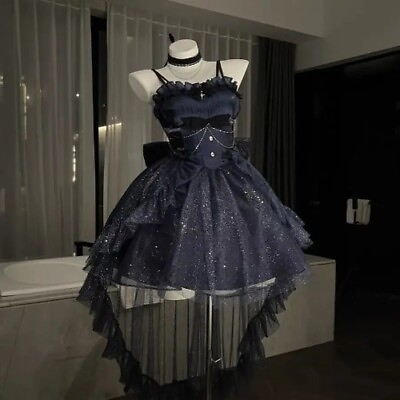 #ad Dark Gothic Lolita Mini Dress Set Romantic Shinnig Dress Sweet Bow Party Dresses $187.24