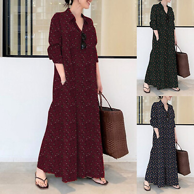 #ad Women#x27;s Boho Long Sleeve Maxi Dress Cotton Linen Print Shirt Dress With Lapel $26.03