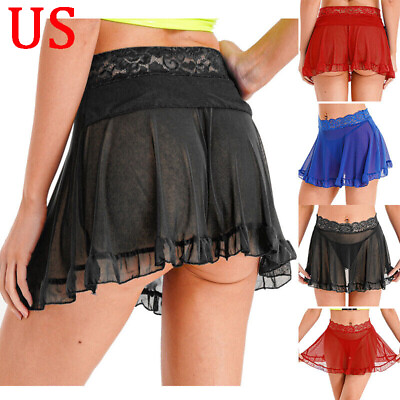 US Women Sheer Mesh Mini Skirts High Waist Ruffle Skirt Pleated Skater Underwear $7.51