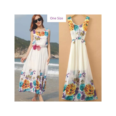 #ad BOHO Summer Maxi White Floral Dress Sleeveless Pleated Elastic Waist $24.99