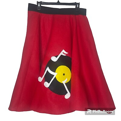 #ad Felt Poodle Skirt Adult L XL Red Black Album Record Music Notes Homemade Costume $34.00