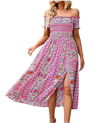 #ad Womens Boho Maxi Dress Off The Shoulder Flowy Smocked Bohemian Print Sz Large $26.00