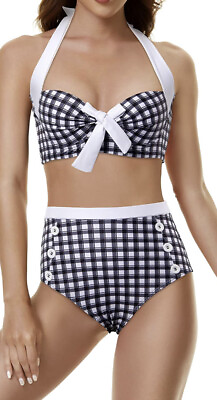 #ad Peddney Women Halter High Waisted Bikini Swimsuit Push Up Bathing Suit Retro med $15.10