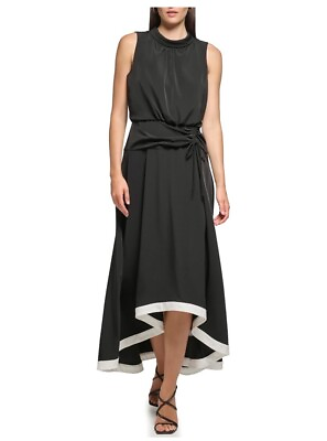 #ad Karl Lagerfeld Paris Womens 6 High Low Midi Maxi Dress Black White Sleeveless $49.00