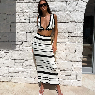 #ad Summer Knitted Beach Skirt Sets Women Sexy Backless Slim Bohemian Outfits Fashio $51.77
