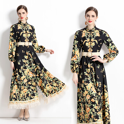 #ad Spring Summer Fall Floral Print Collar Long Sleeve Women Casual Party Maxi Dress $31.99