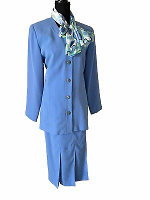 #ad Vintage Sky Blue Skirt Suit Size 10 Long Pleated Skirt Church Suit With Scarf $44.88