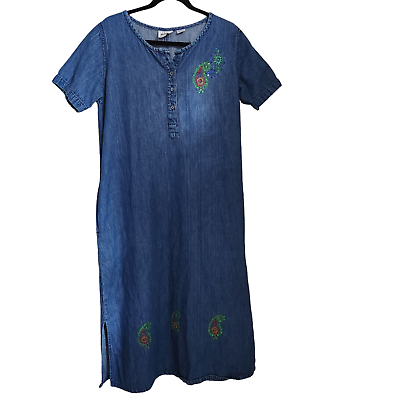 #ad Denim Maxi Dress Paisley Embroidery Women Sz Small Short Sleeveless 100% Cotton $18.00