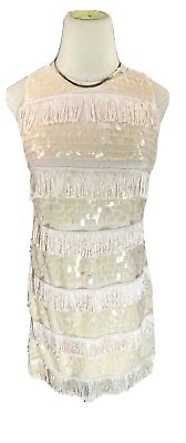 #ad Eliza J Pink Cocktail Sheath Dress Womens 4 Petite Party Fringe Sequin Party $53.99