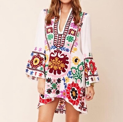 #ad New Boho Mexican Handmade Embroidered Gypsy Mini Dress Size S M $88.00