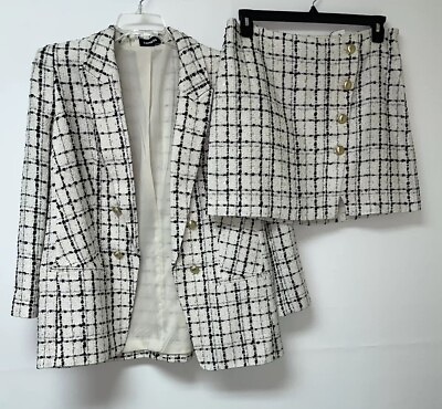 #ad NWT Express Boyfriend Jacket Mini Skirt Suit Set Size 14 Ivory Black Check 2 Pc $129.99