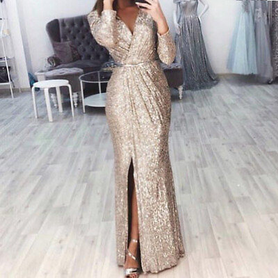 #ad #ad Women#x27;s V Neck Sequins Long Maxi Dresses Ladies Evening Party Cocktail Ball Gown $30.02