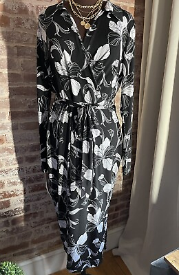 New Lane Bryant Black White Floral Maxi Dress Long Sleeve Faux Wrap Size 18 20 $69.00