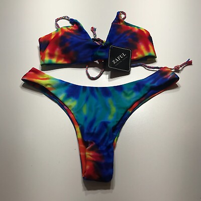#ad #ad Zaful Bikini Set Womens Size 8 L Tie Dye Print 2 Piece Swimwear String Top Thong $15.99