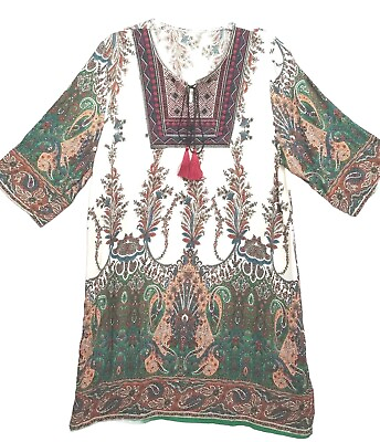 Women Size Small To Med Swim Cover Up Dress Paisley Printed Embroided Neck $11.98