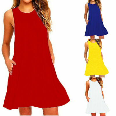 #ad Women Sleeveless Casual Blouse Loose Sundress Solid Summer Round Neck Slim Dress $15.99