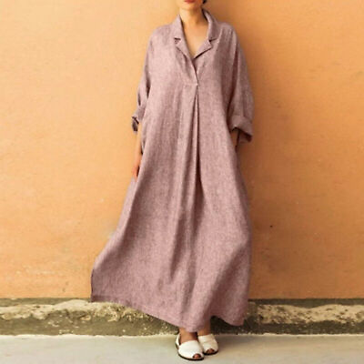#ad Women Holiday Beach Loose Sundress Long Sleeve Baggy Kaftan Maxi Dress Plus Siz $25.66